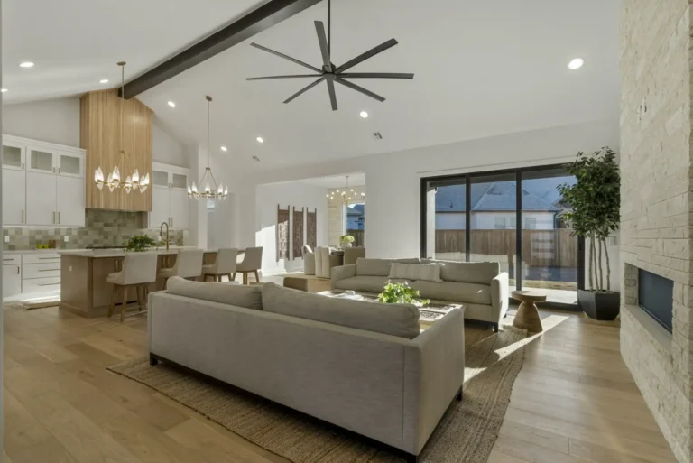 Living room and kitchen interior view with white painted walls 1